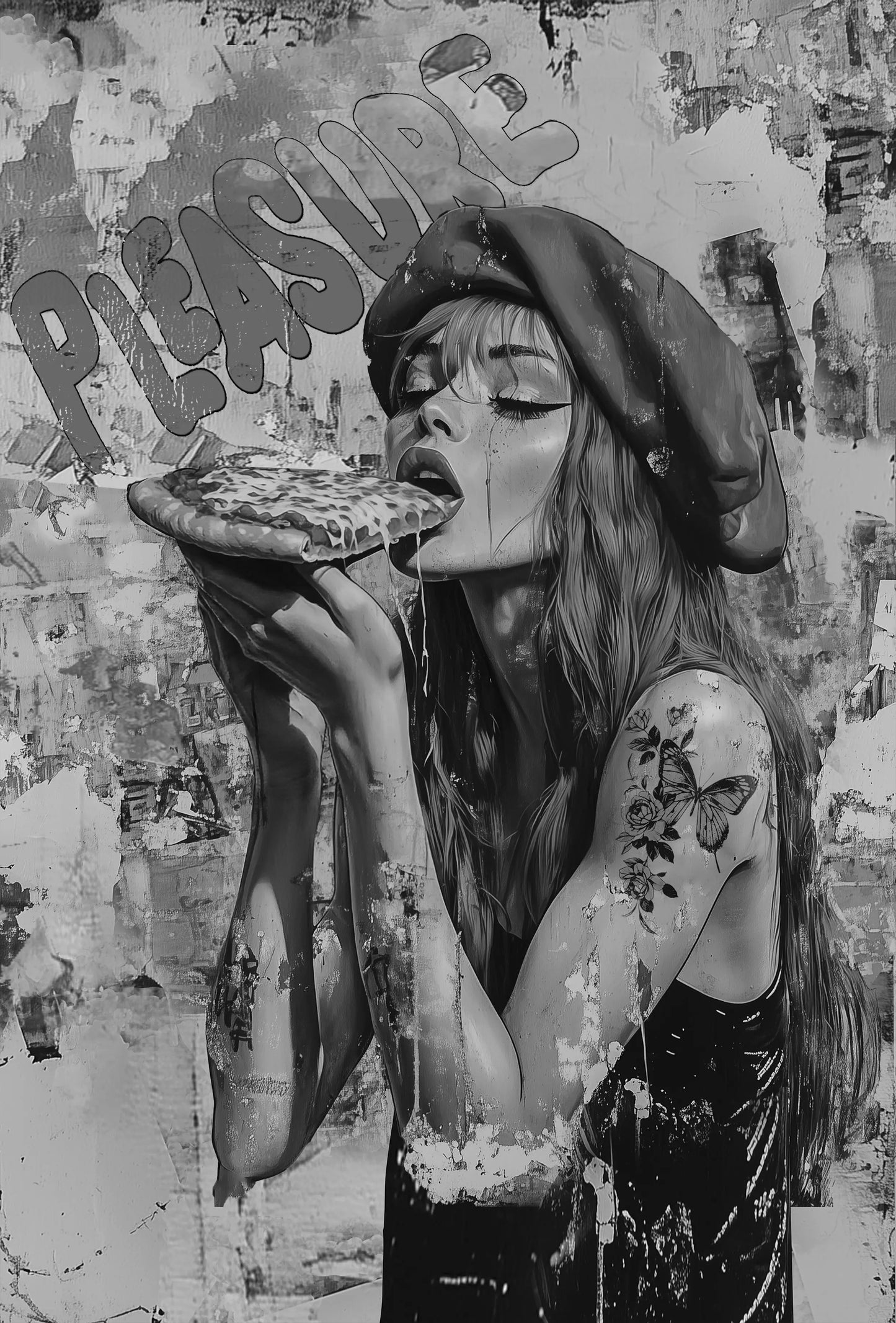 " Pizza girl" Rudowłosa dziewczyna w berecie kocha jeść pizzę , Styl Pop Art