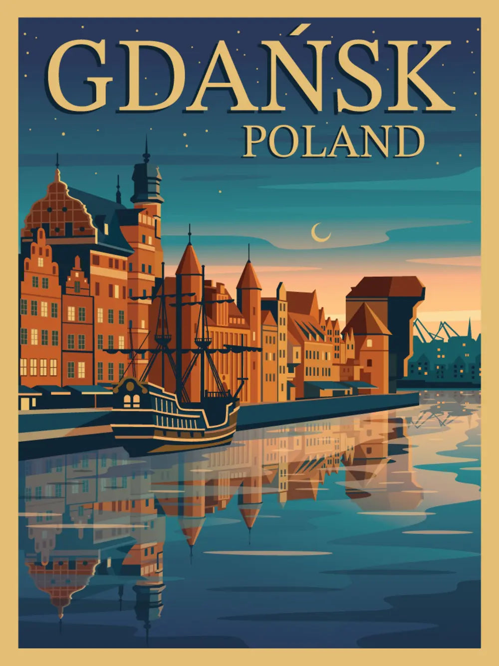 Gdańsk o zmierzchu – retro plakat podróżniczy