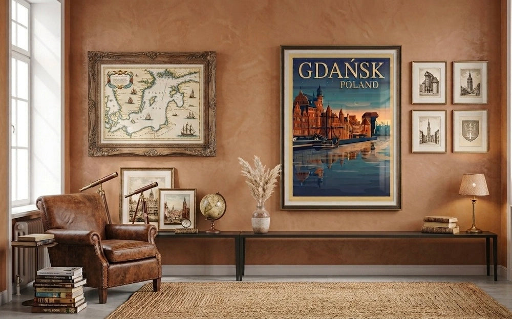 Gdańsk o zmierzchu – retro plakat podróżniczy