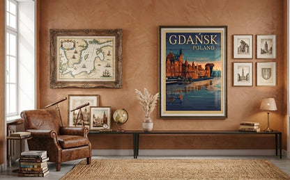 Gdańsk o zmierzchu – retro plakat podróżniczy