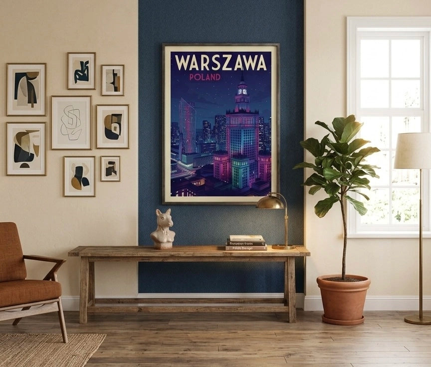 Warszawa nocą – obraz na płótnie z Pałacem Kultury w stylu retro