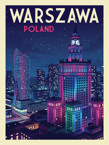 Warszawa nocą – obraz na płótnie z Pałacem Kultury w stylu retro