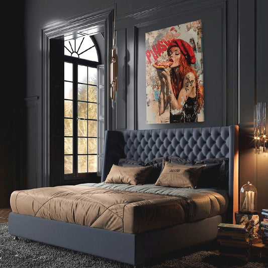 " Pizza girl" Rudowłosa dziewczyna w berecie kocha jeść pizzę , Styl Pop Art