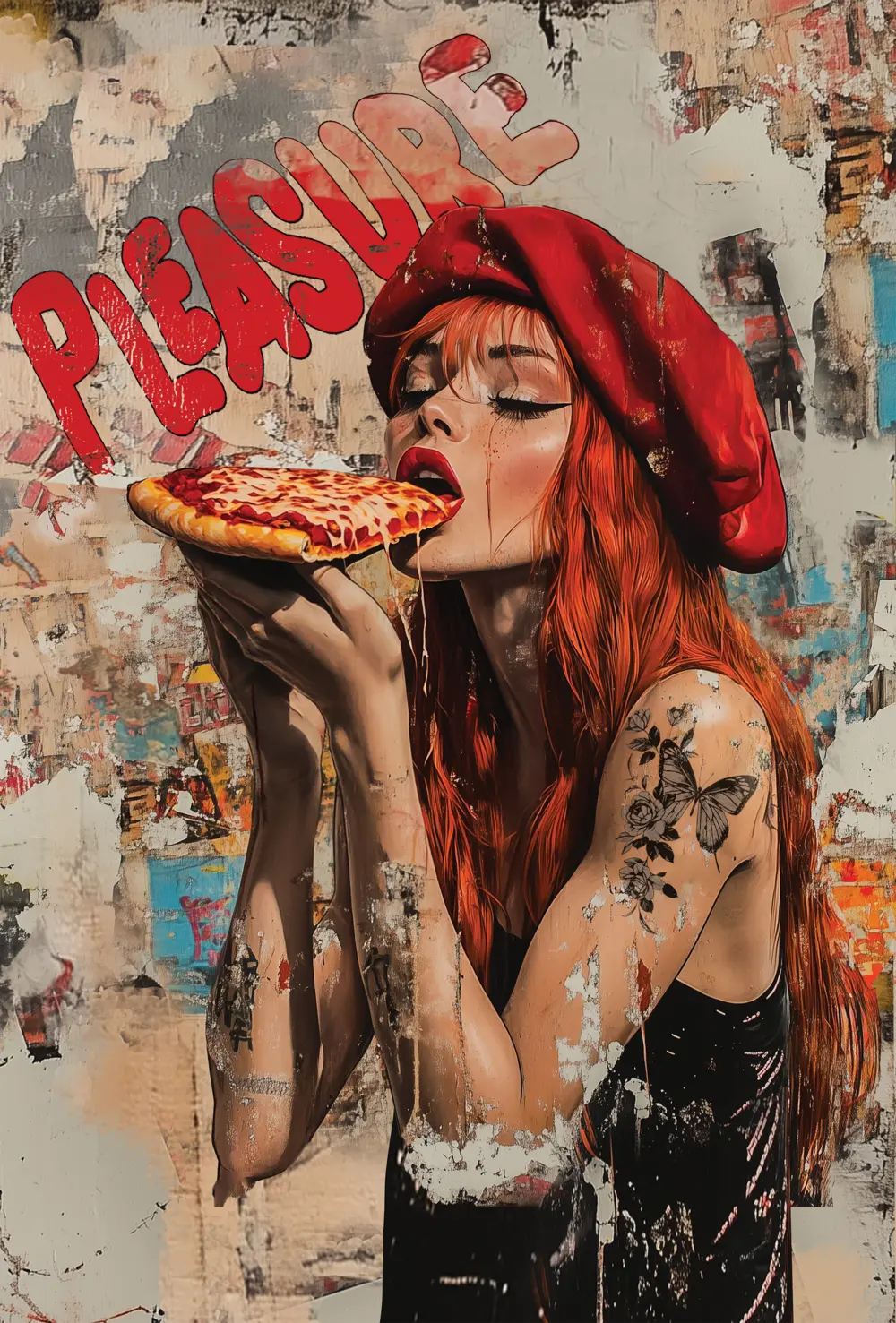" Pizza girl" Rudowłosa dziewczyna w berecie kocha jeść pizzę , Styl Pop Art